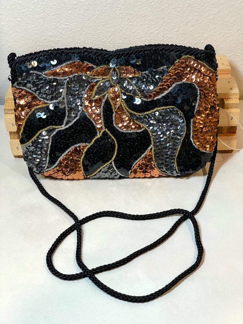 Black Silver Copper Sequin Evening Clutch Handbag | 19” Strap | Like New - Picture 3 of 13
